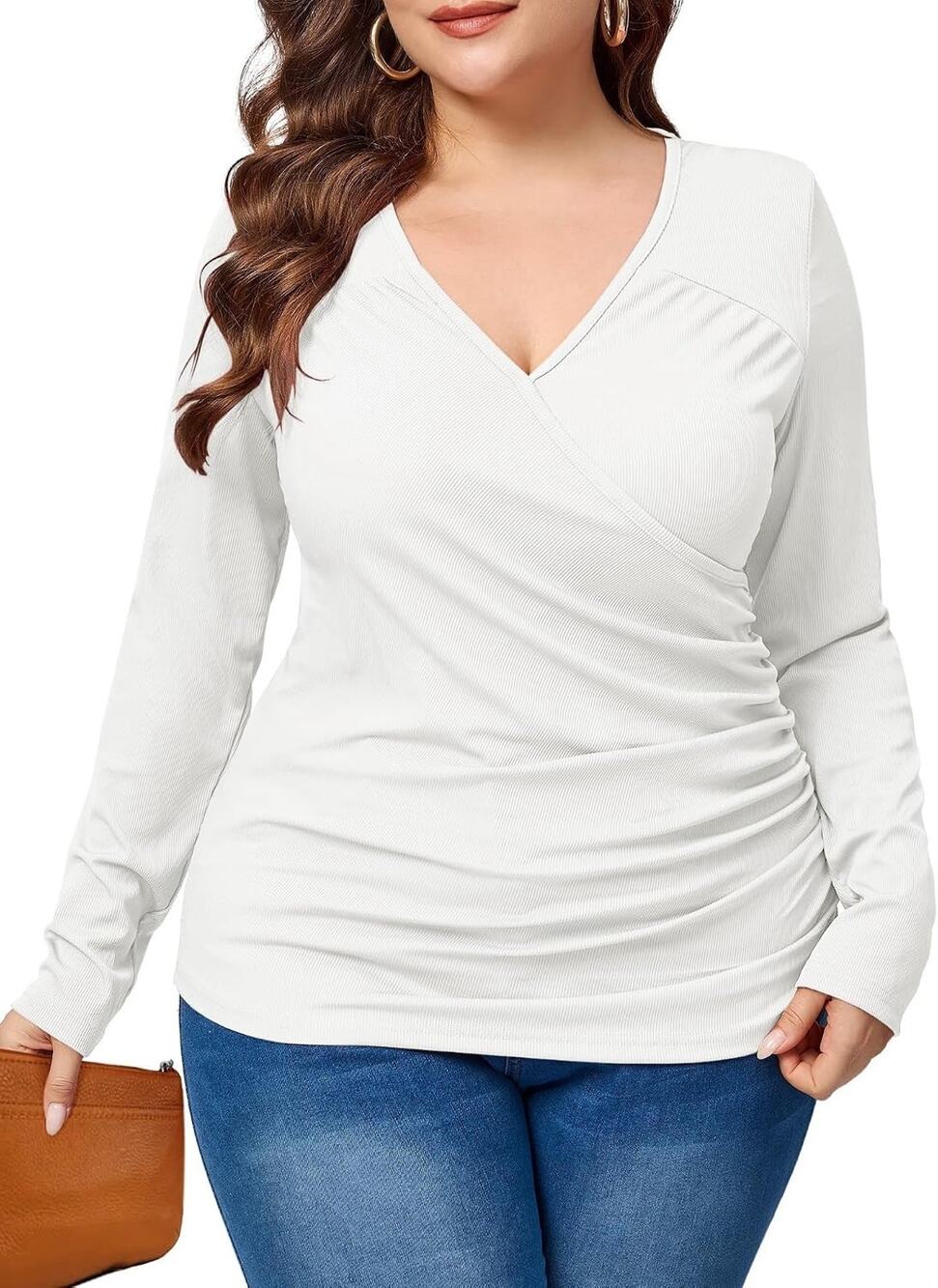 White Ribbed Knit Wrap Ruched V-Neck Long Sleeve Stretch Blouse 3XL
